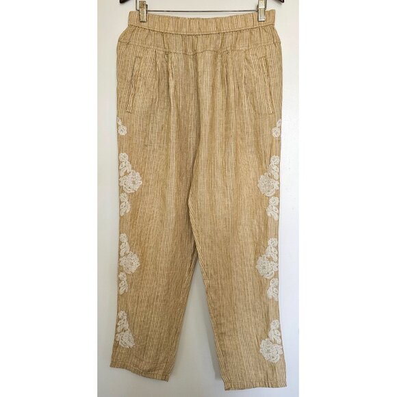 Anthropologie 100% Linen Cropped Pull On Embroidered Cropped Pants S Yellow - Picture 2 of 11